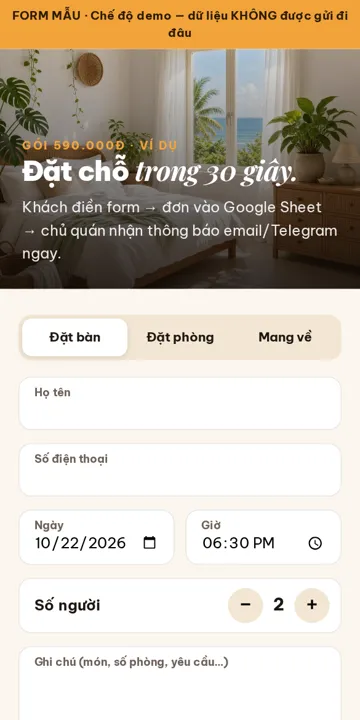 Ảnh chụp màn hình form đặt chỗ mẫu
