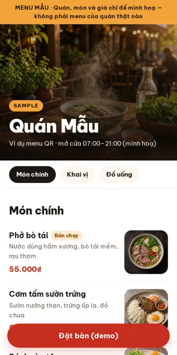 Ảnh chụp màn hình menu mẫu trên điện thoại